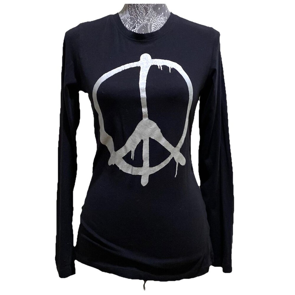 ISDA & CO Peace Sign Graphic Long Sleeve Black Metallic Foil Stretch Top XS - Picture 3 of 15